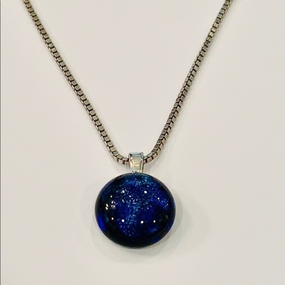 Sterling silver box chain blue art glass pendant